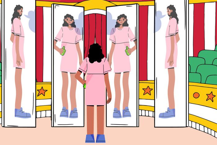 A drawing of a lady standing in front of a mirror with a vaper