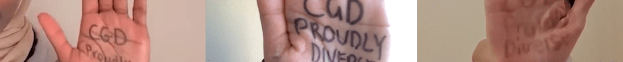 Young people raising their hands, with 'CGD Proudly Diverse' written on their palms