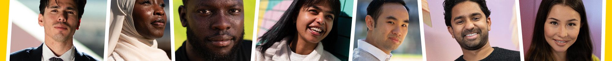 yellow background with 7 images of faces