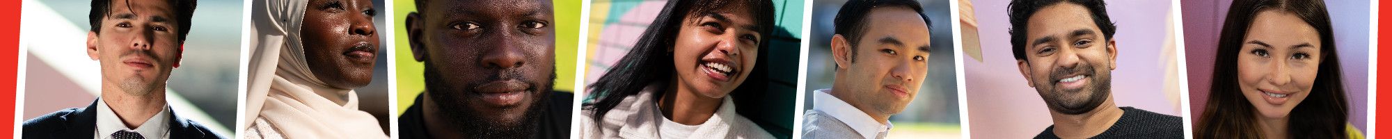 red background with 7 images of faces