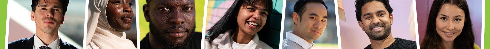 green background with seven images of people's faces