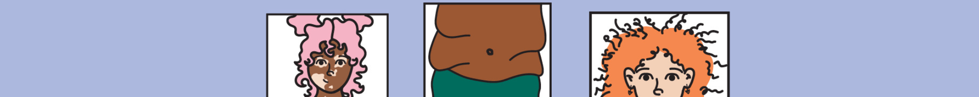 six small illustrated graphics displaying diverse body types